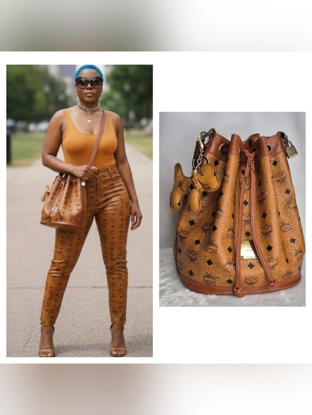 MCM Cognac Leather Drawstring Shoulder Crossbody Bucket Bag with Charm